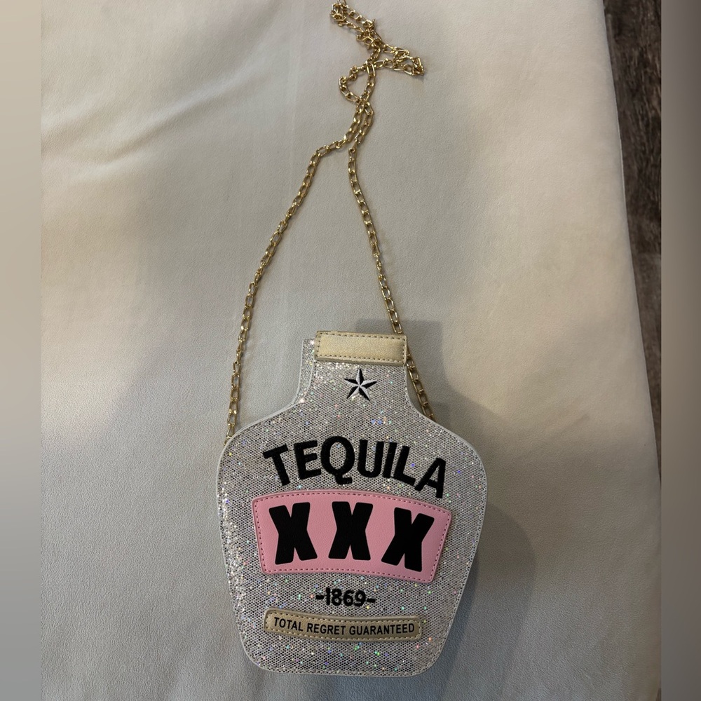 Silver and Pink Tequila Bottle Crossbody Bag